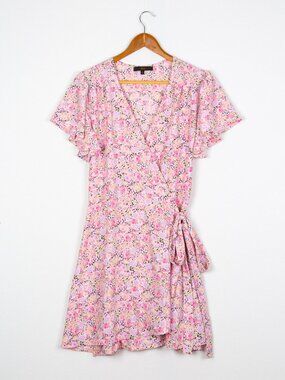 AKA Aria Floral Faux Wrap Dress Pink Flutter Sleeve Mini Dress S